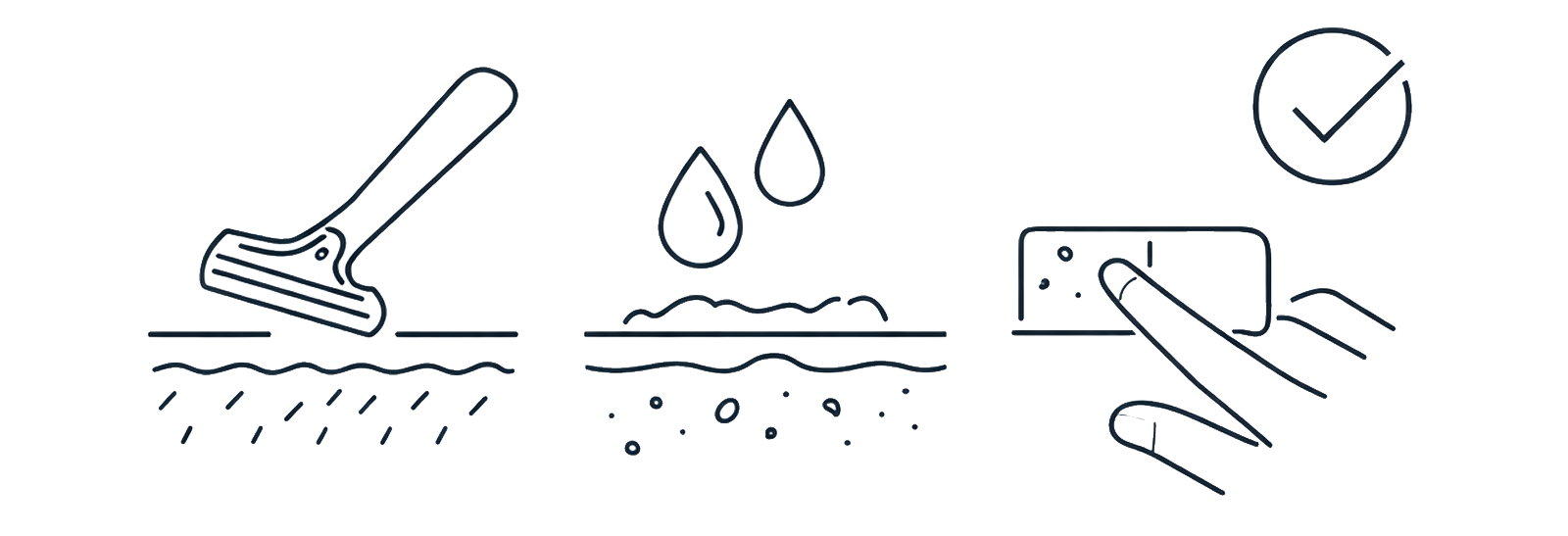 Minimal line illustration showing basic skin prep steps before IPL use: shave, cleanse, and keep skin dry.