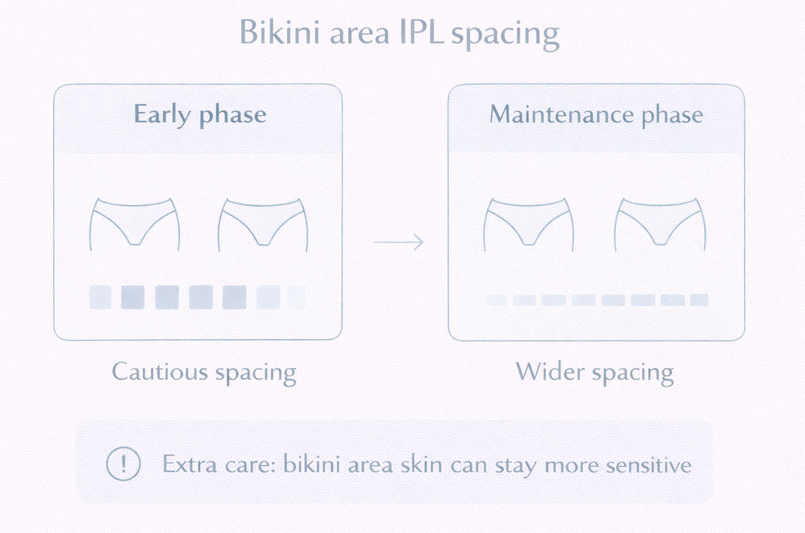 Bikini area IPL schedule comparison showing early phase spacing vs maintenance spacing