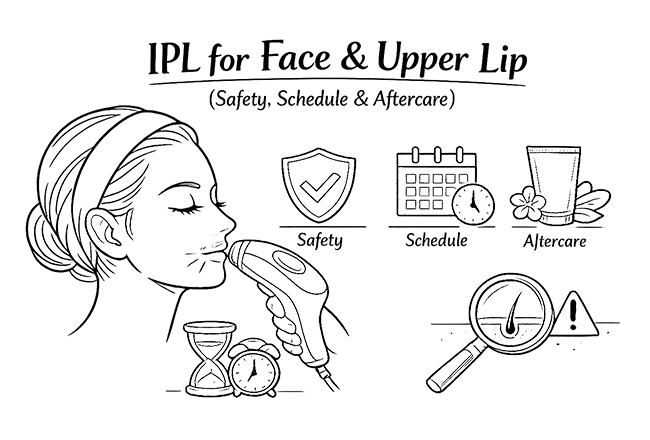 Line illustration showing safer face and upper lip IPL rules, spacing, and aftercare