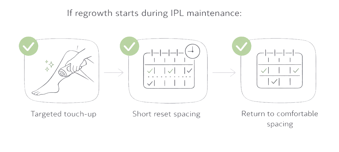 Three-step IPL maintenance reset when regrowth returns: targeted touch-up, short reset spacing, then return to maintenance