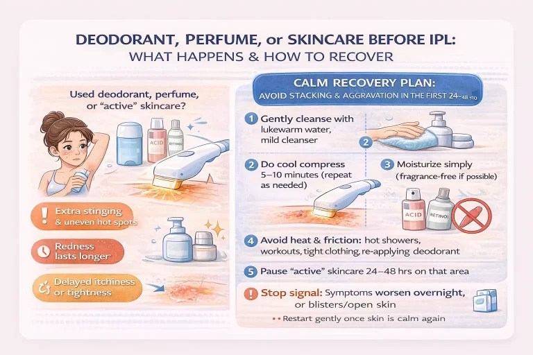 Infographic showing what happens if deodorant, perfume, or active skincare is used before IPL and how to recover safely in the first 24 to 48 hours