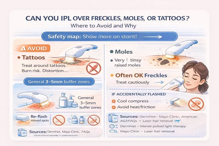 Safety map showing where to avoid IPL around tattoos, moles, and freckles and how to treat around them with a buffer zone