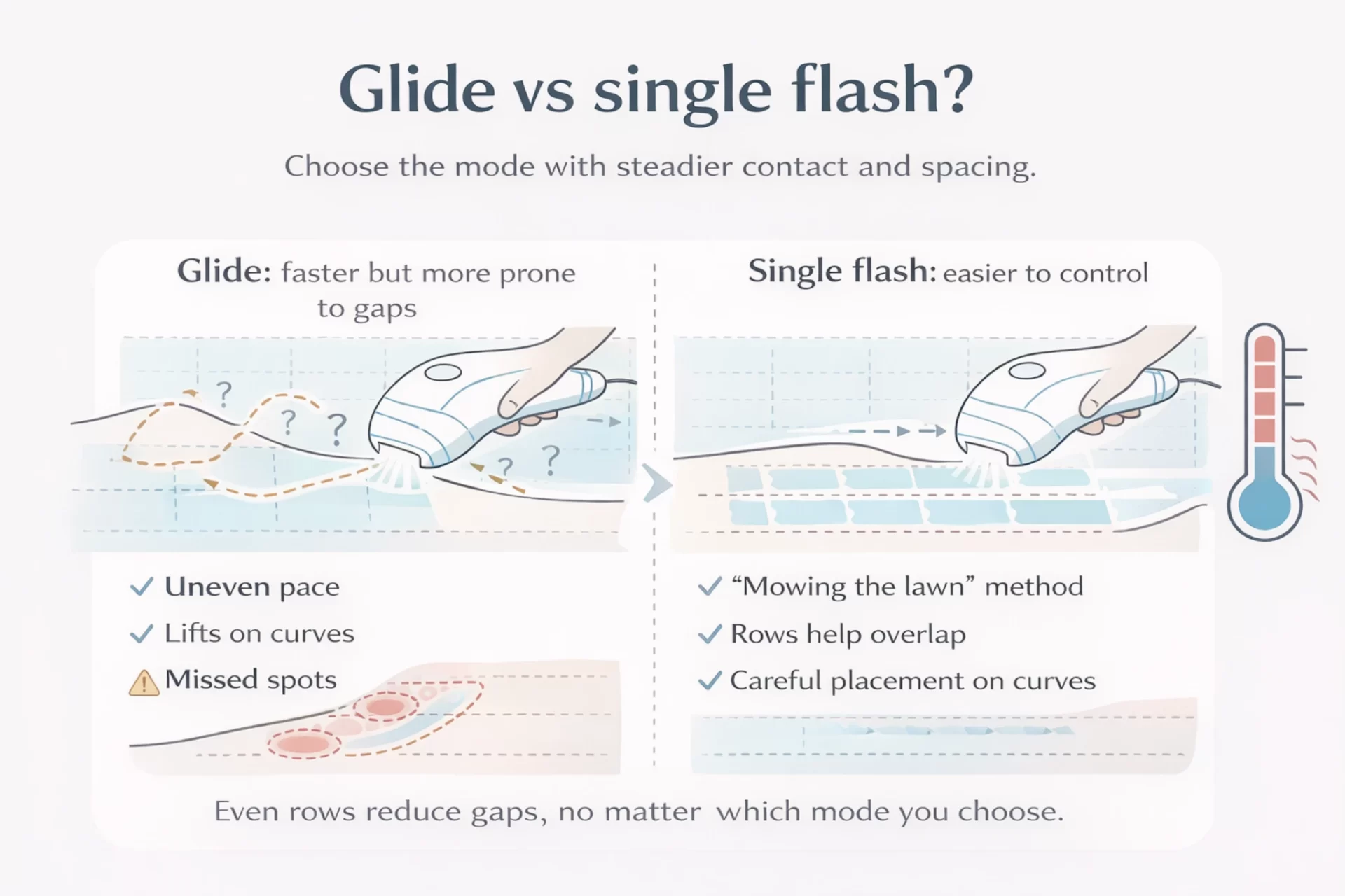 Minimal diagram comparing glide mode and single flash: row-by-row coverage, gaps from uneven pace, and safer control on curves