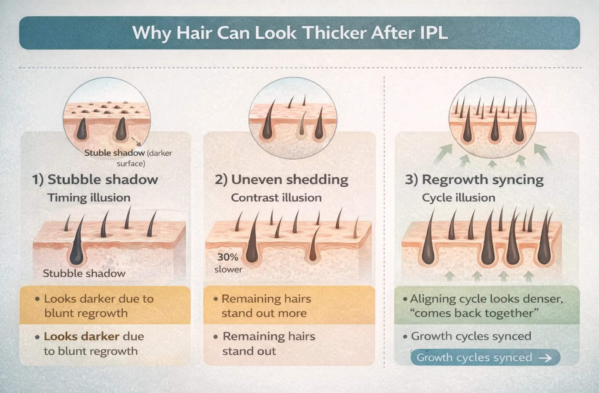 Diagram showing stubble shadow, uneven shedding, and growth cycle syncing that can make hair look thicker after IPL