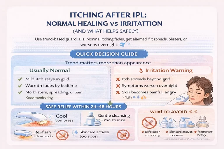 Decision guide infographic showing normal itching after IPL versus irritation warning signs and what to do within 24 to 48 hours