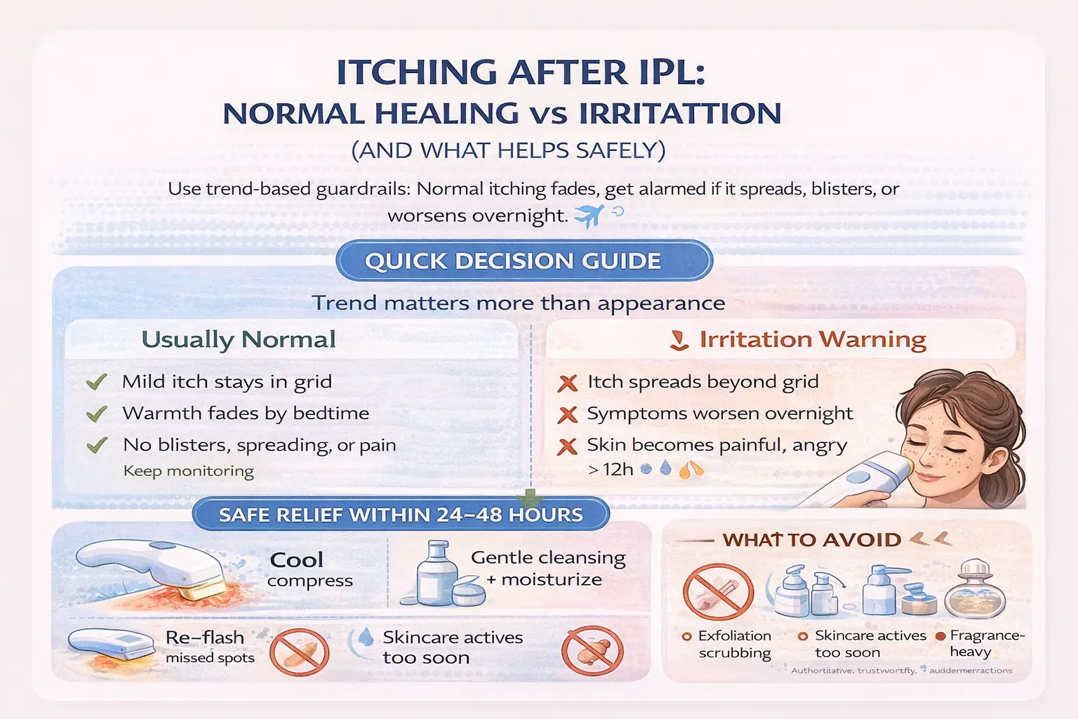 Decision guide infographic showing normal itching after IPL versus irritation warning signs and what to do within 24 to 48 hours