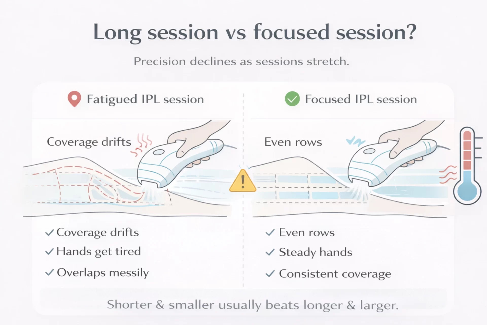 Minimal diagram comparing long fatigued IPL session with drifting coverage versus shorter focused session with even rows