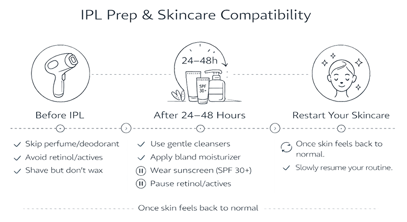 Line infographic showing IPL preparation steps and skincare compatibility