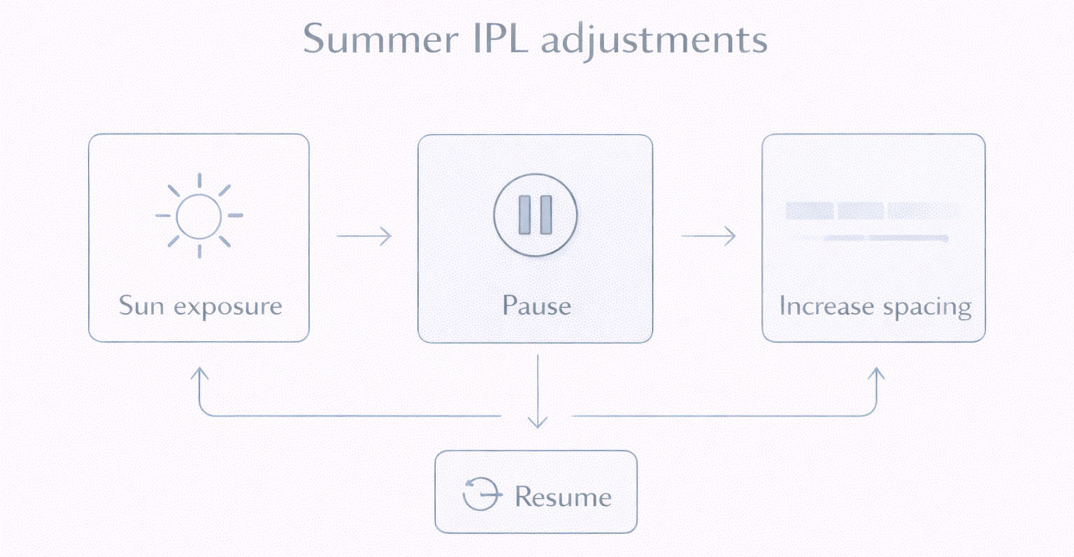 IPL schedule summer adjustments — adjust spacing and pause treatments after sun exposure, and resume gently