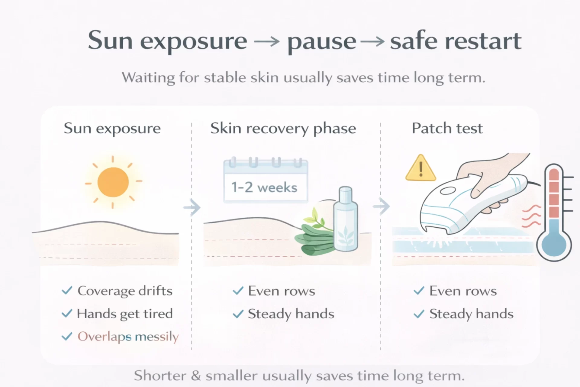 Simple timeline infographic showing sun exposure, skin recovery phase, patch test, and gradual IPL restart