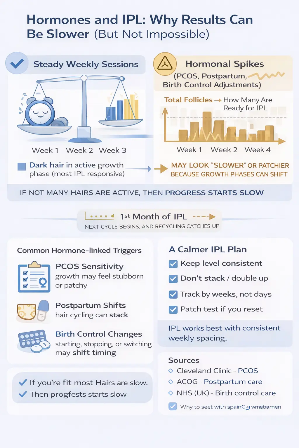 Infographic: hormones can shift hair growth cycles, so consistent weekly sessions often matter more than higher power