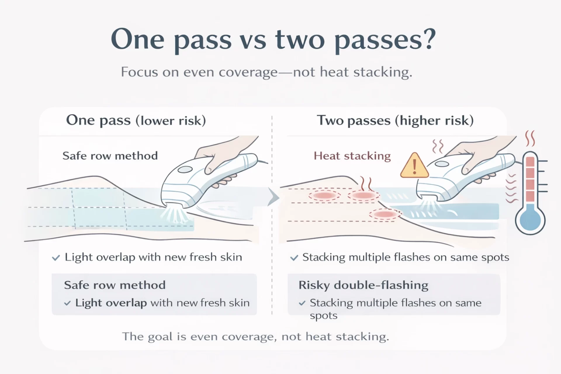 Minimal diagram: one-pass row method with light overlap vs risky second pass that stacks flashes on the same spots