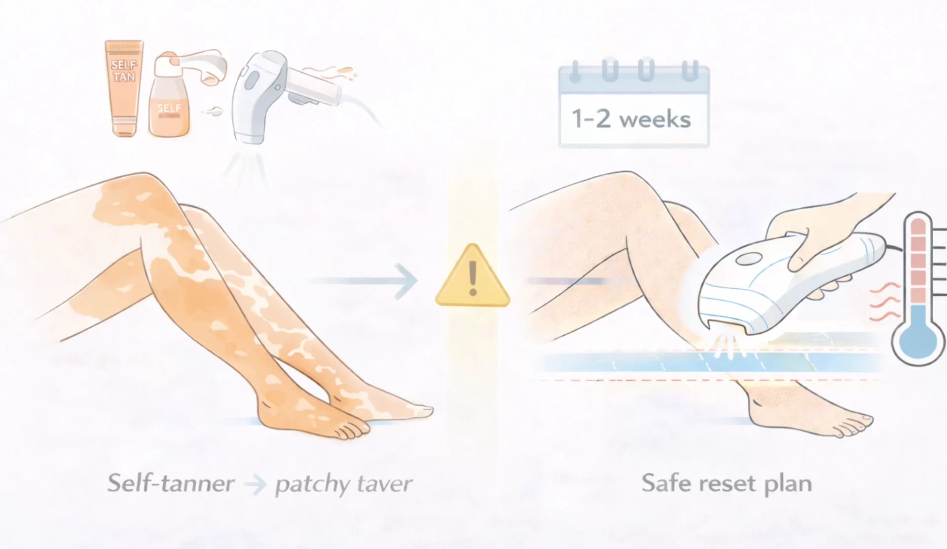 Minimal infographic showing how self-tanner creates uneven surface pigment and can lead to patchy IPL coverage, plus a safe pause and restart plan