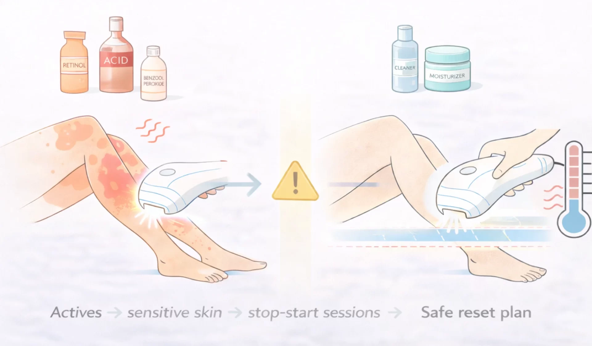 Simple infographic showing skincare actives increasing sensitivity, leading to stop-start IPL sessions, and a calmer reset plan to restore consistency