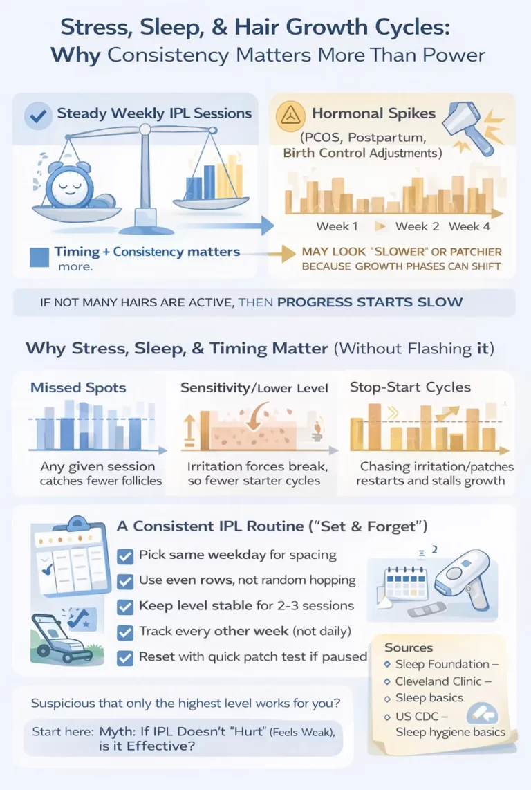 Simple infographic showing how sleep, stress, and routine consistency affect IPL progress through hair growth cycles