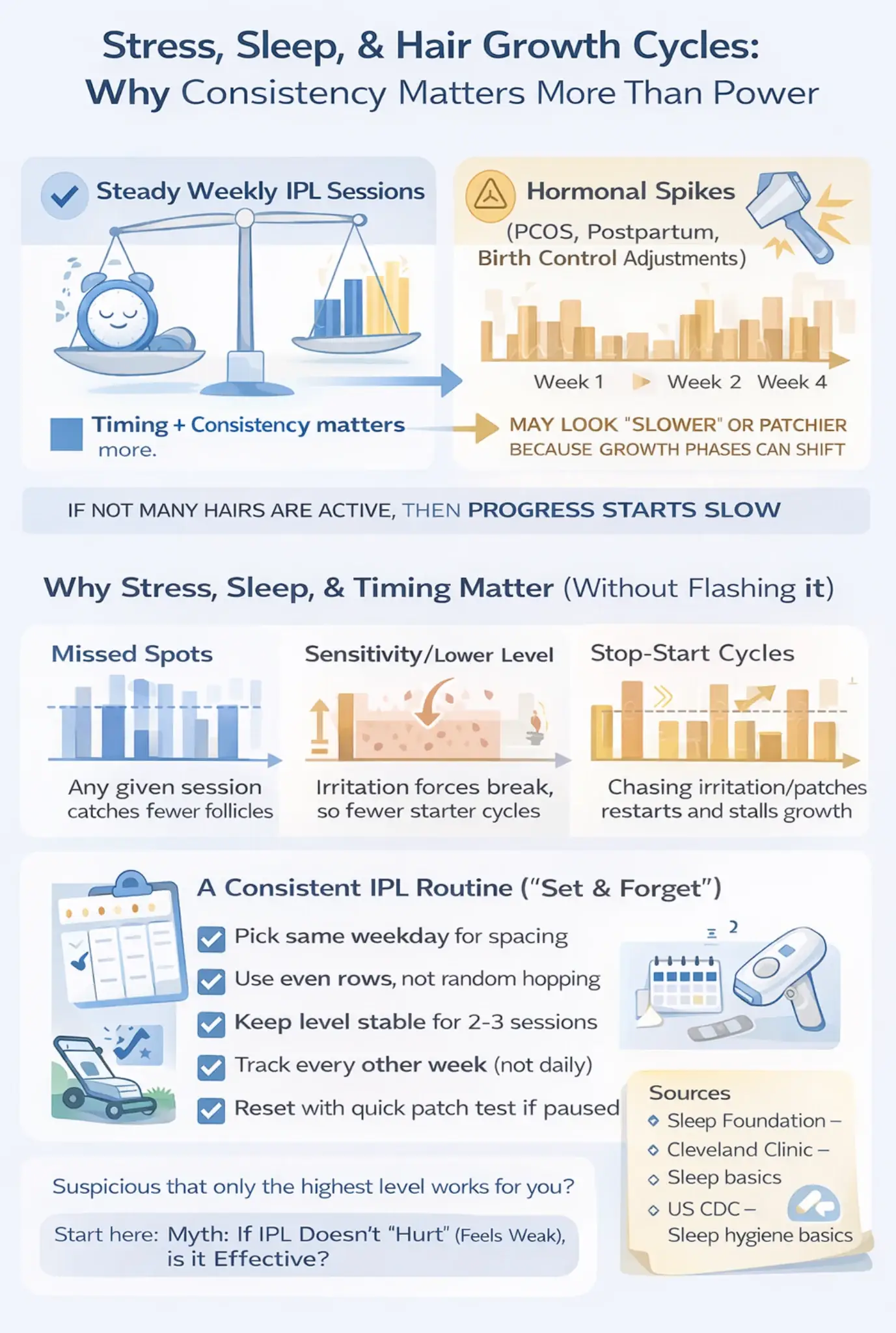 Simple infographic showing how sleep, stress, and routine consistency affect IPL progress through hair growth cycles