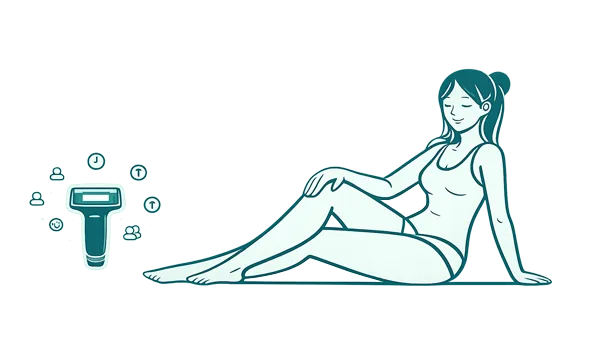 Woman gently shaving legs before using a Mithlux IPL device, minimal line-art illustration