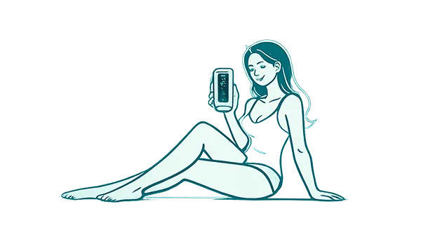 Woman using a Mithlux at-home IPL hair removal device on her legs, minimal line-art illustration