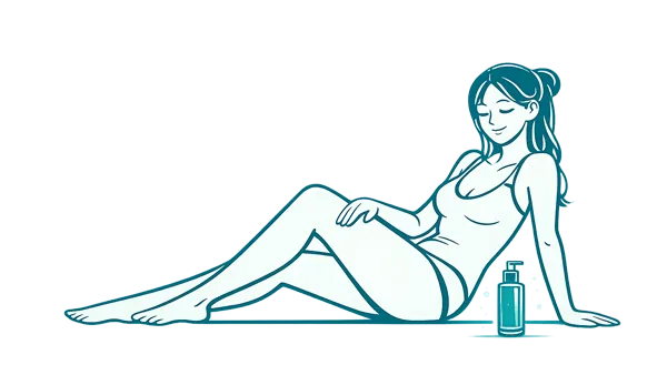 Woman relaxing and touching smooth legs after IPL treatment, minimal line-art illustration with lotion bottle