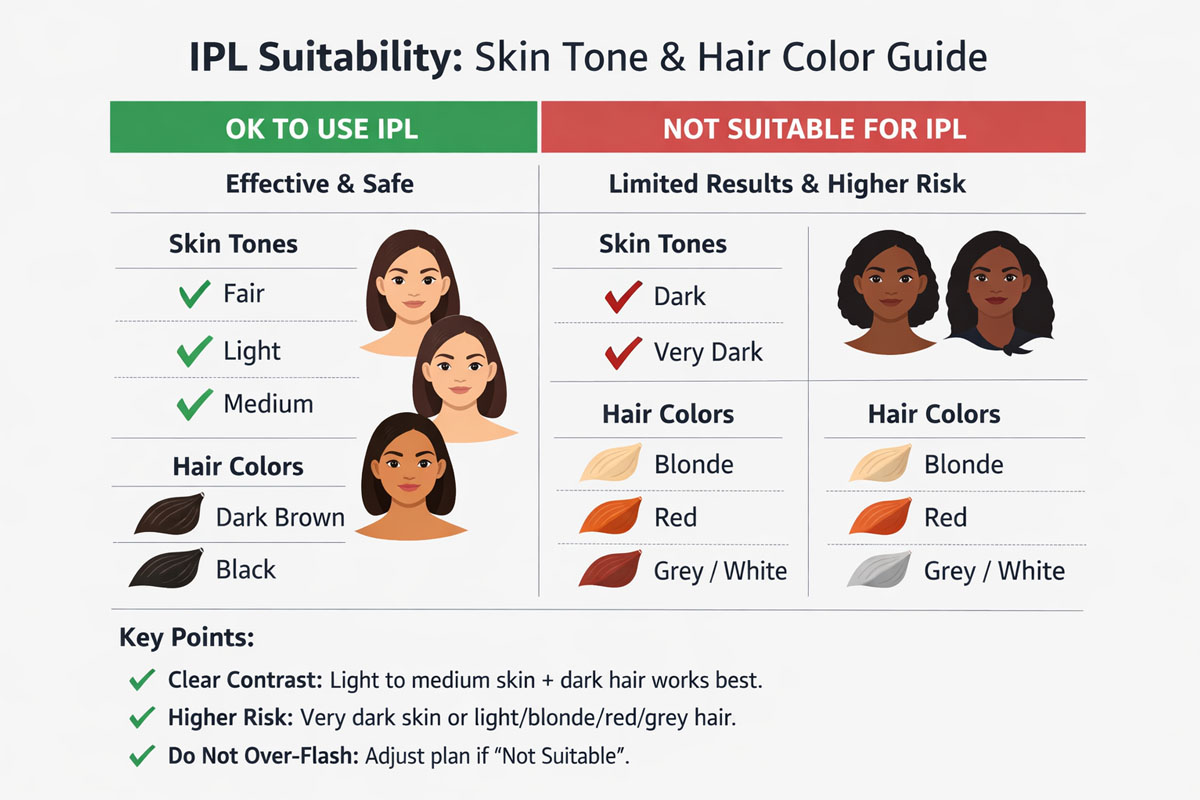 Suitability diagram showing how skin tone and hair color contrast affects at-home IPL results and safety
