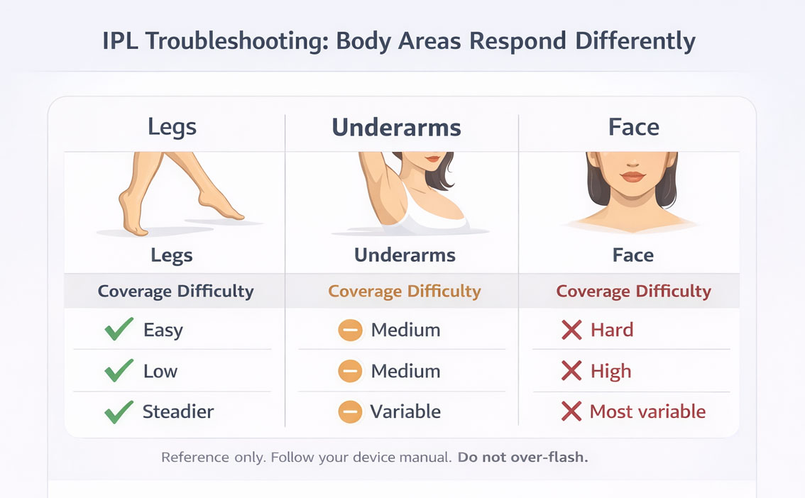 Comparison chart showing why at-home IPL results differ across legs, underarms, and face due to coverage difficulty, sensitivity, and hair growth patterns