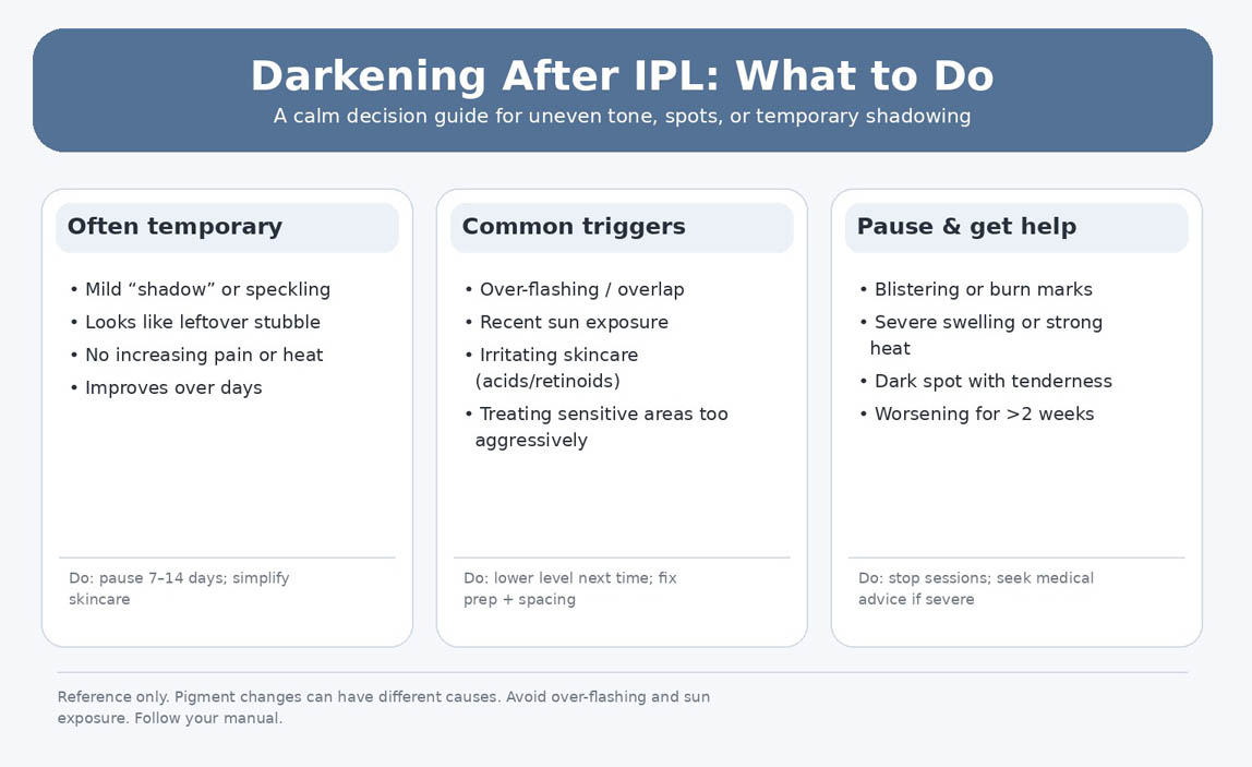 Decision guide showing what to do if skin looks darker or uneven after at-home IPL and when to pause