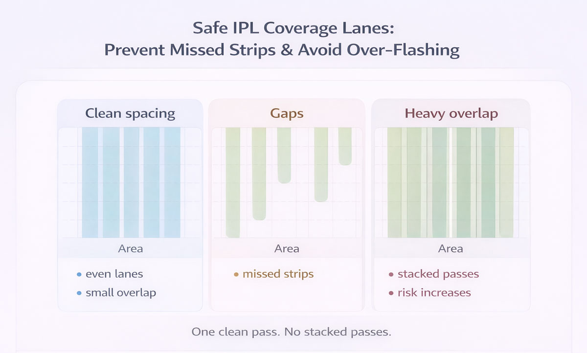 Diagram showing safe IPL coverage lanes to prevent missed strips and avoid over-flashing