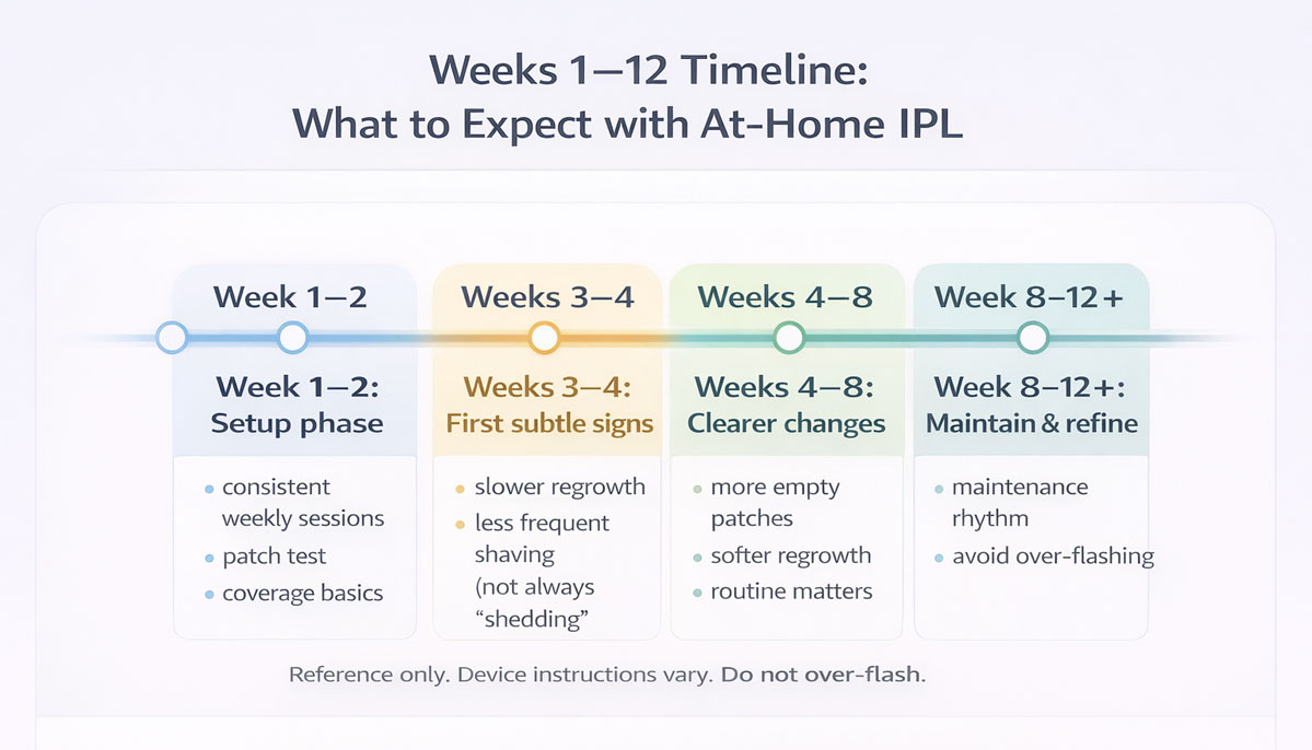 Timeline diagram showing typical at-home IPL progress from weeks 1 to 12 and why results often look slow early on
