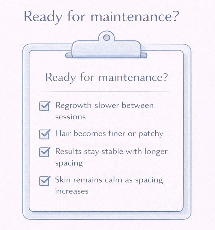 Checklist for when to switch from weekly IPL to maintenance—slower regrowth, finer hair, stable results, calm skin