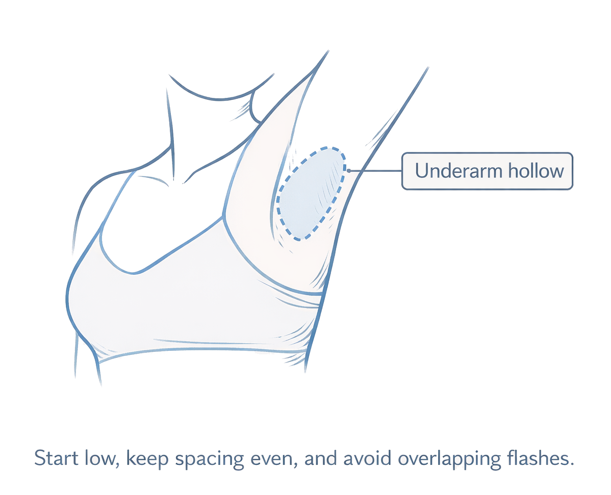 Line illustration showing the underarm hollow target zone for at-home IPL. A dashed oval marks the treatment area and a label points to it.