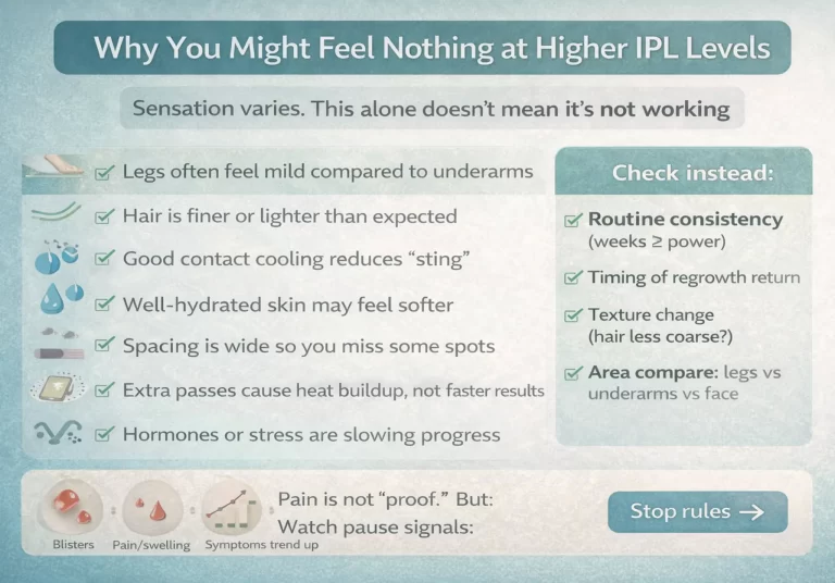 Checklist infographic showing why IPL can feel mild at high levels and what to check instead of pain