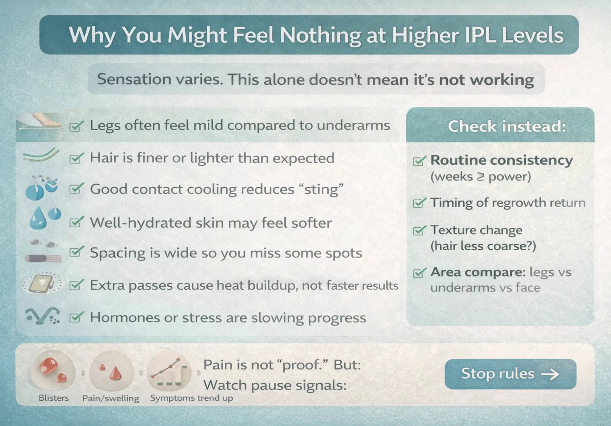 Checklist infographic showing why IPL can feel mild at high levels and what to check instead of pain