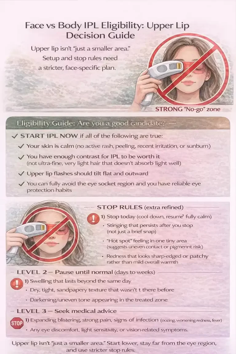 Face vs body IPL eligibility: upper lip decision guide with no-go zones and stop rules