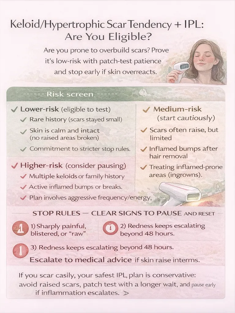 Keloid or hypertrophic scar tendency IPL eligibility risk screen: who should pause, patch test reset, and stop rules