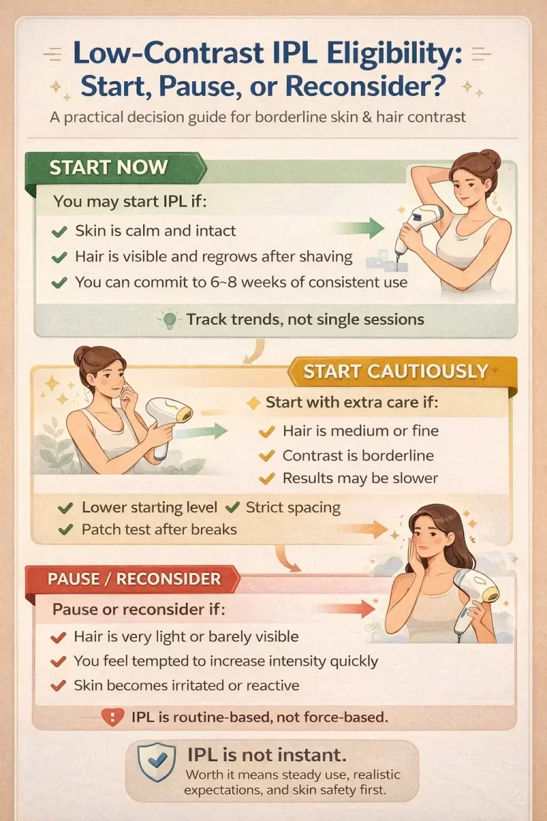 Low-contrast IPL eligibility decision tree: start now, start cautiously, or pause
