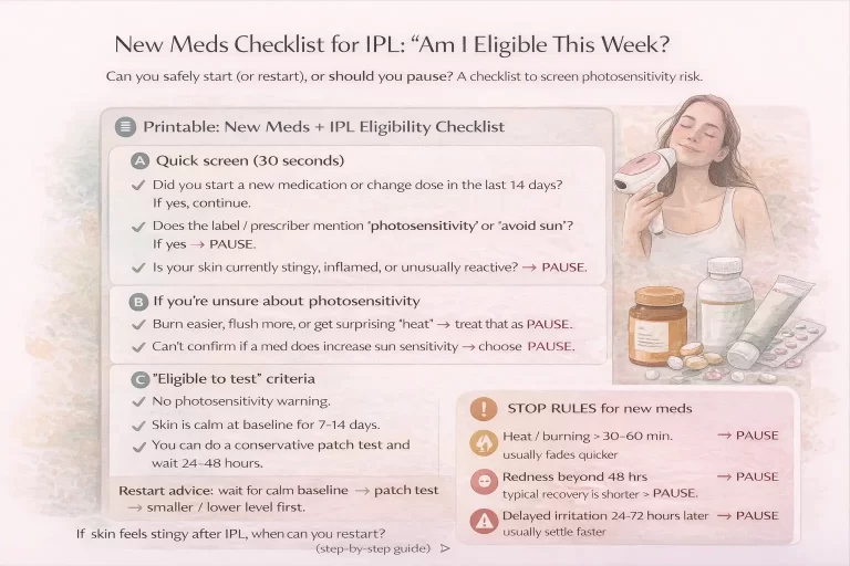 New meds checklist for IPL eligibility: photosensitivity screen, pause rules, patch test restart plan