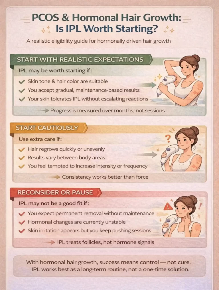 PCOS and hormonal hair growth IPL eligibility decision guide: start with realistic expectations, start cautiously, or reconsider and pause