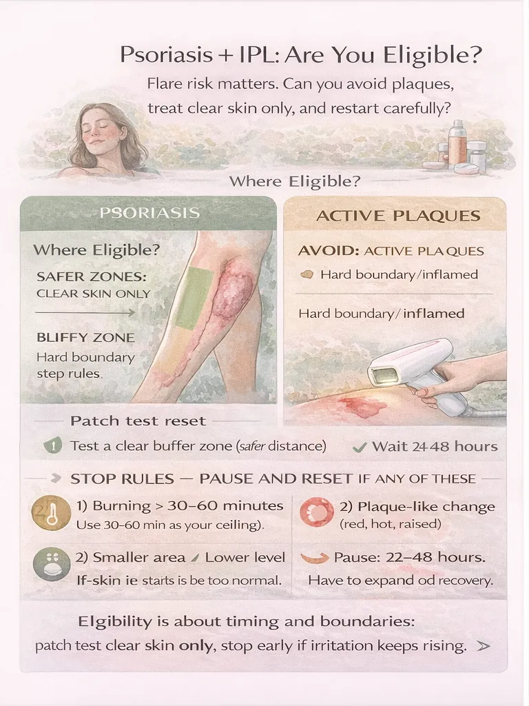 Psoriasis IPL eligibility boundary guide: avoid active plaques, treat clear skin only, and use strict stop rules
