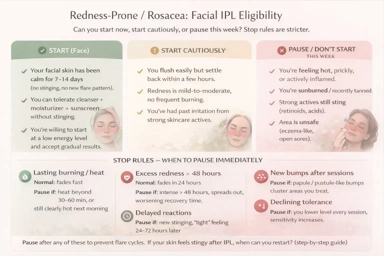 Rosacea redness-prone facial IPL eligibility decision guide: start, start cautiously, or pause with stop rules