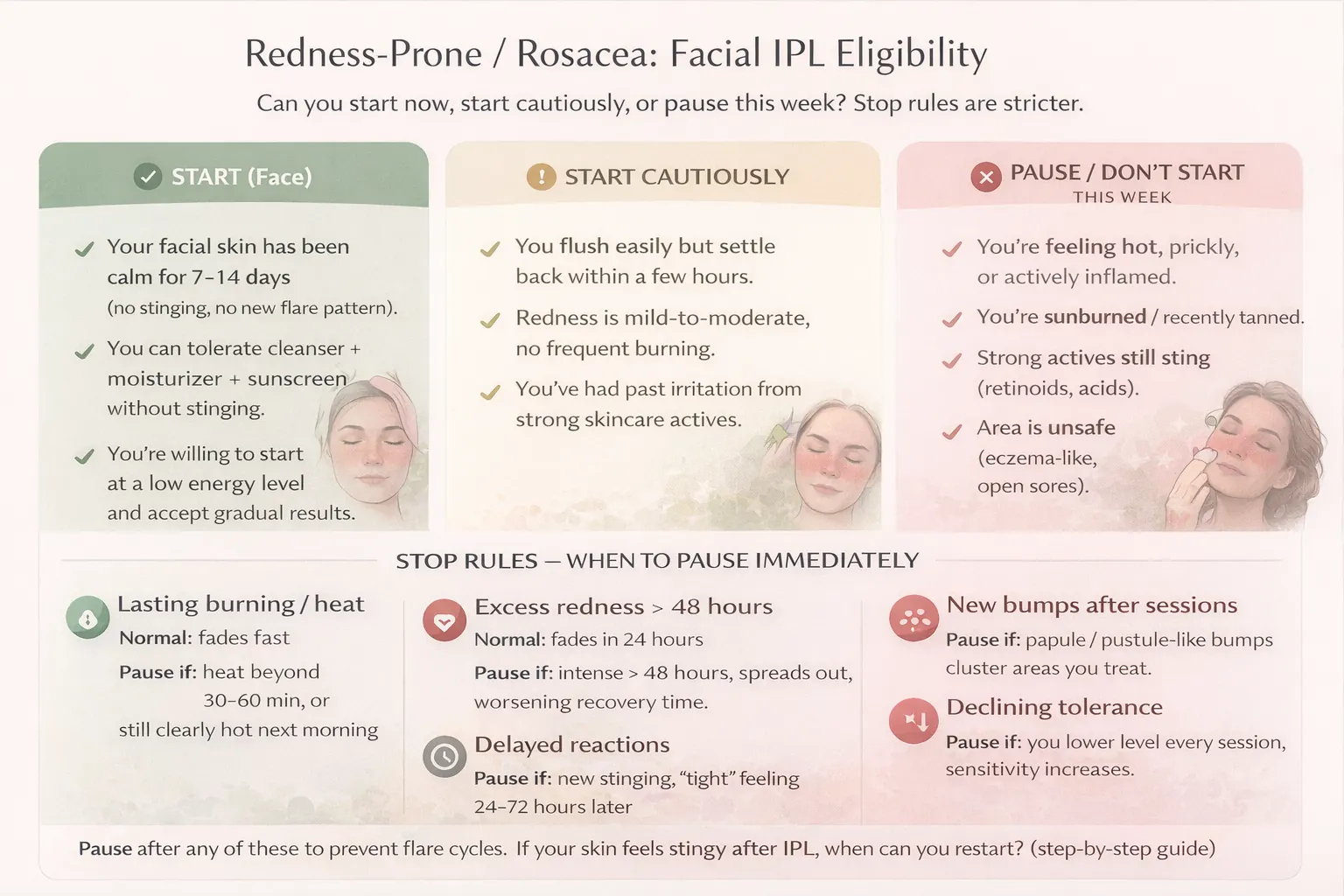 Rosacea redness-prone facial IPL eligibility decision guide: start, start cautiously, or pause with stop rules