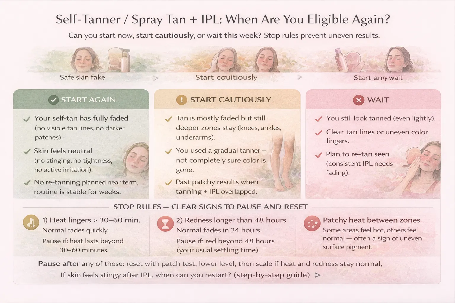 Self-tanner or spray tan IPL eligibility decision guide: when you can restart and how to avoid uneven results