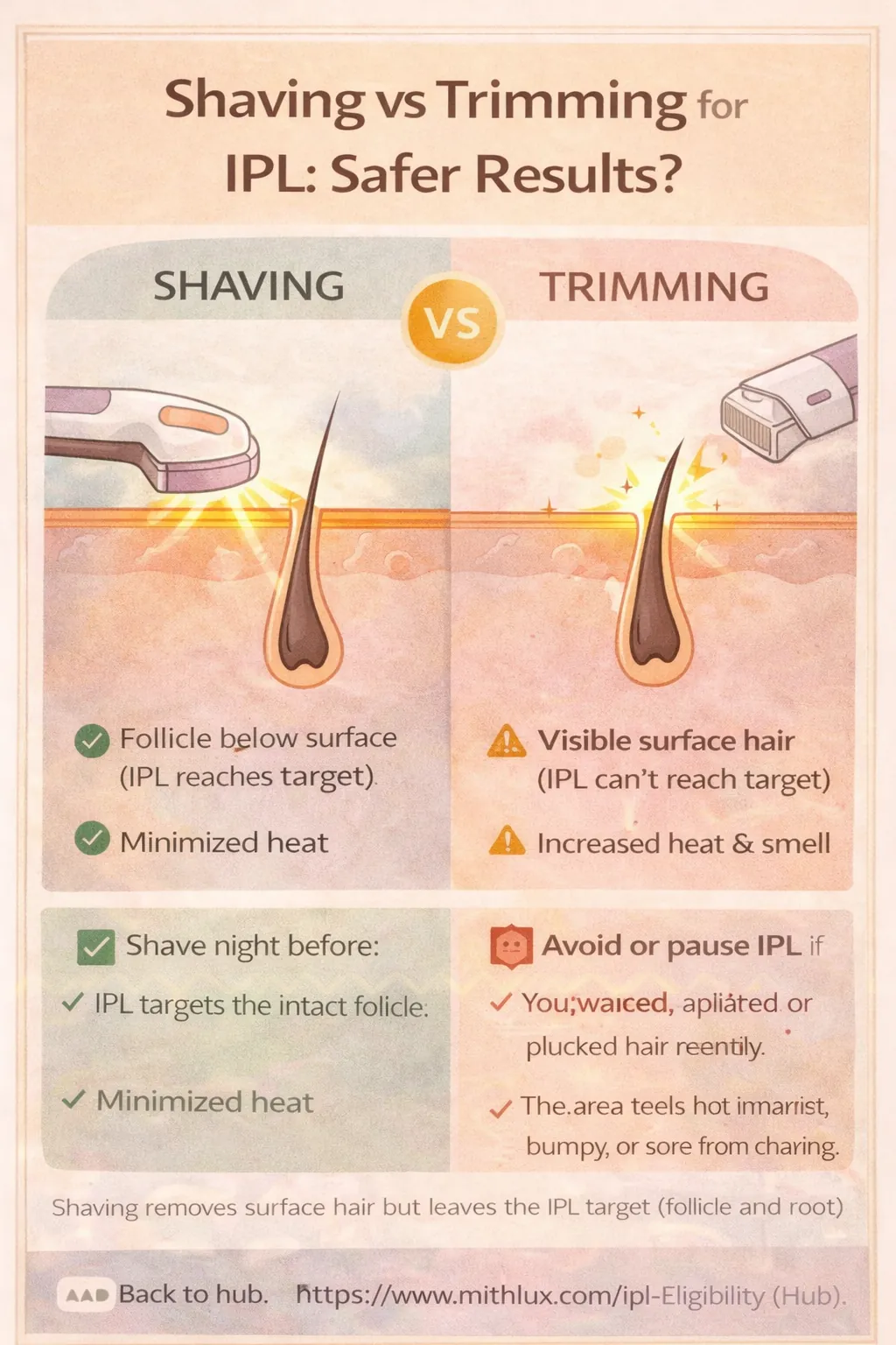 IPL eligibility shaving vs trimming infographic: why shaving is recommended before IPL and when to start cautiously or pause