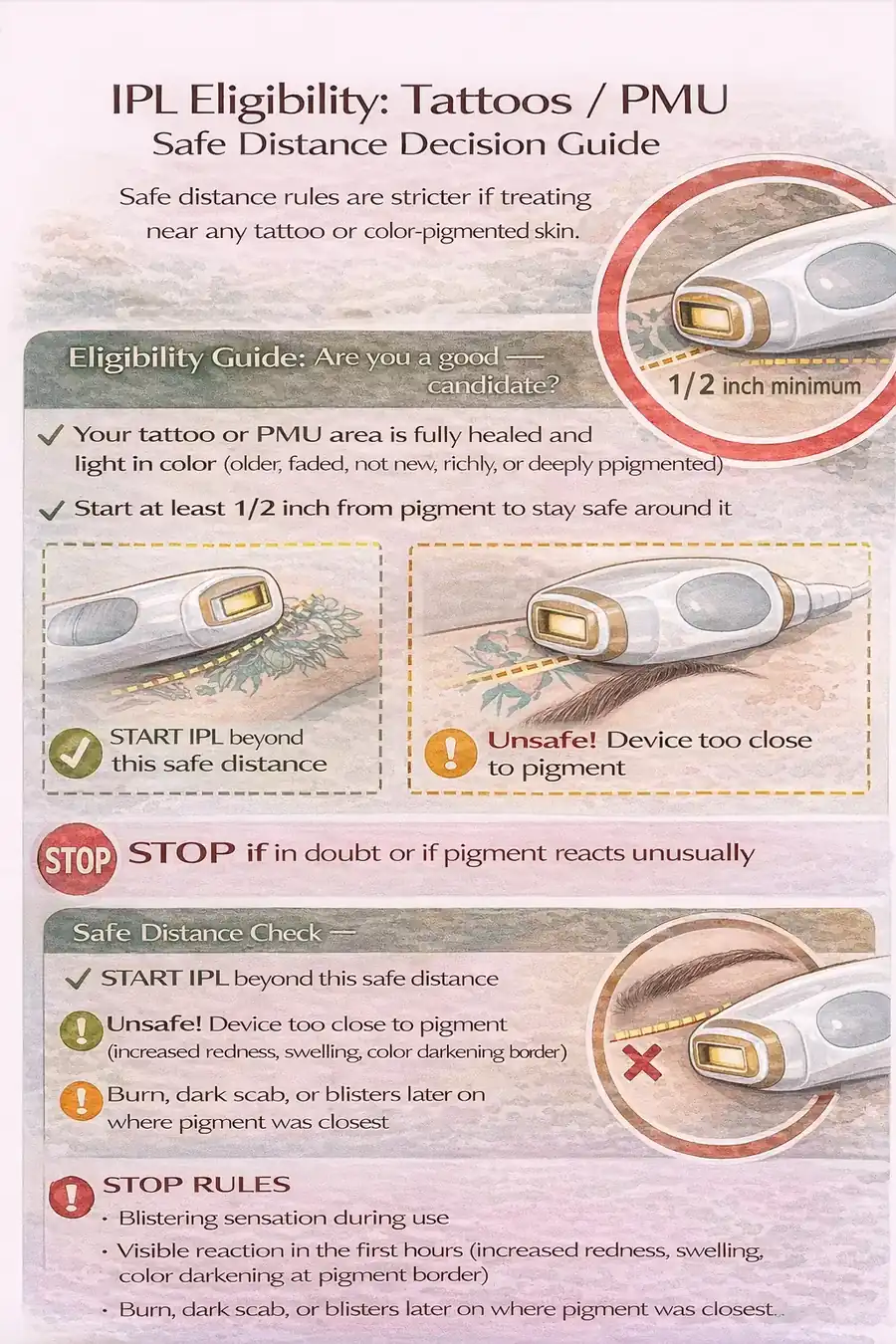 IPL eligibility decision guide for tattoos and permanent makeup (PMU): safe distance rules and no-go zones