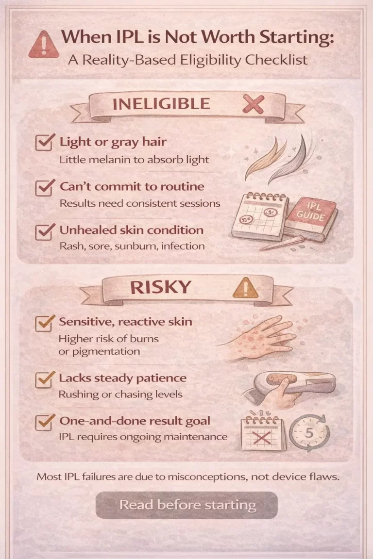 Reality-based IPL eligibility checklist infographic: when IPL is not worth starting, common mismatch scenarios, avoid vs start cautiously, and safety stop rules.