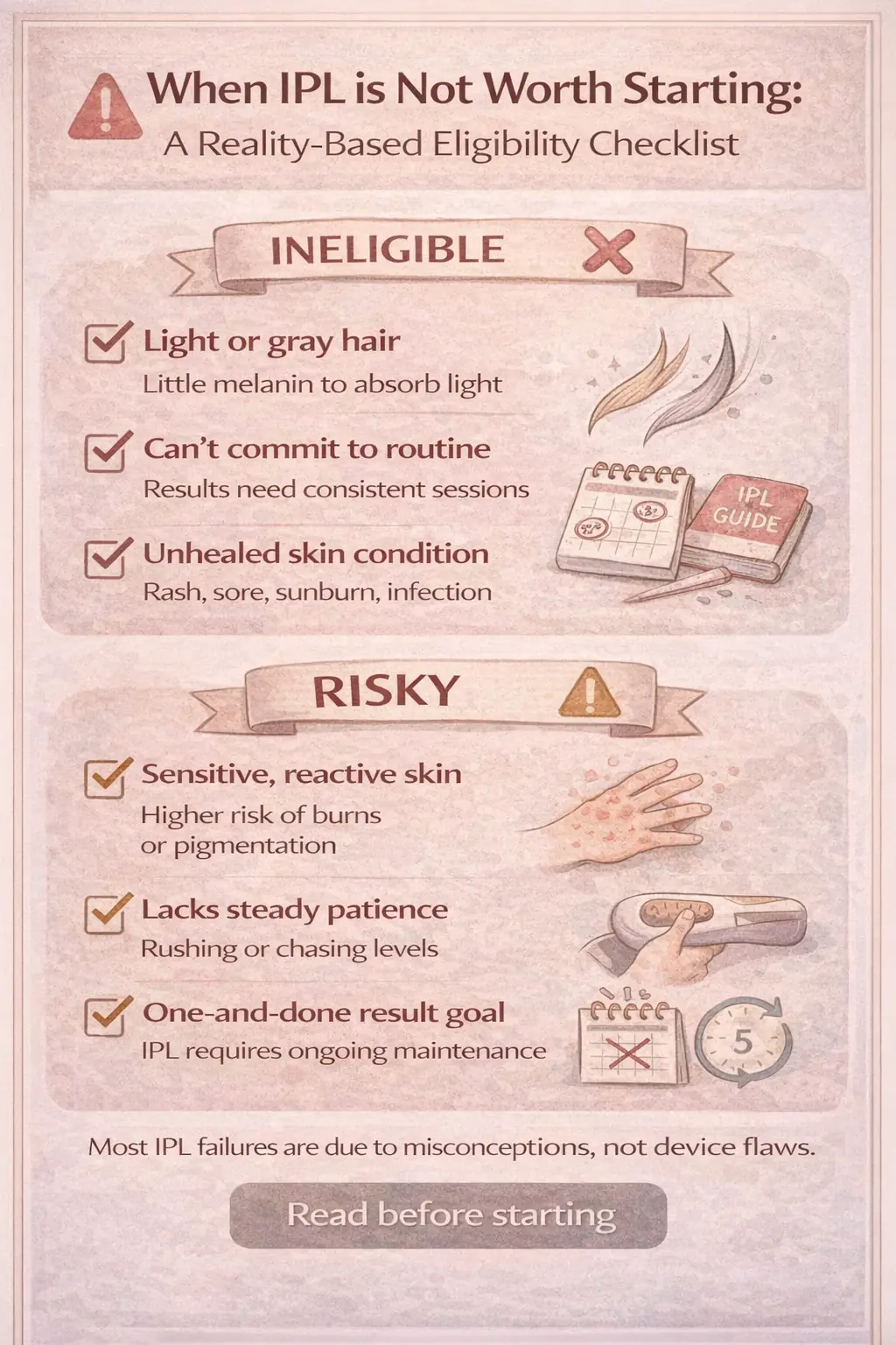 Reality-based IPL eligibility checklist infographic: when IPL is not worth starting, common mismatch scenarios, avoid vs start cautiously, and safety stop rules.