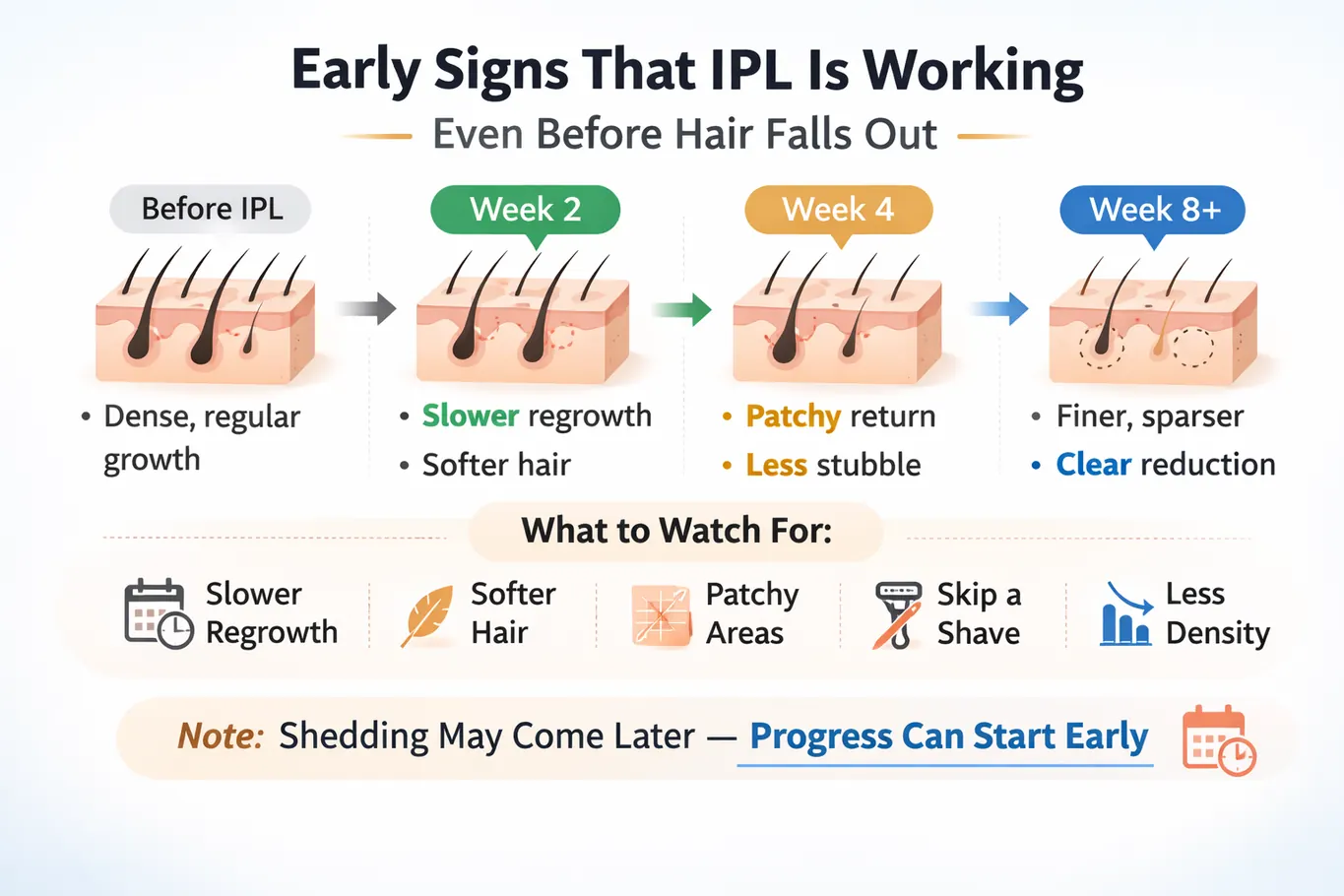 Timeline showing early signs that IPL may be working before hair falls out, including slower regrowth, softer hair, patchy return, and less density