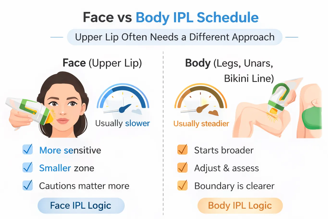 Illustration comparing face and body IPL schedule differences, with upper lip shown as more sensitive and body areas shown as steadier