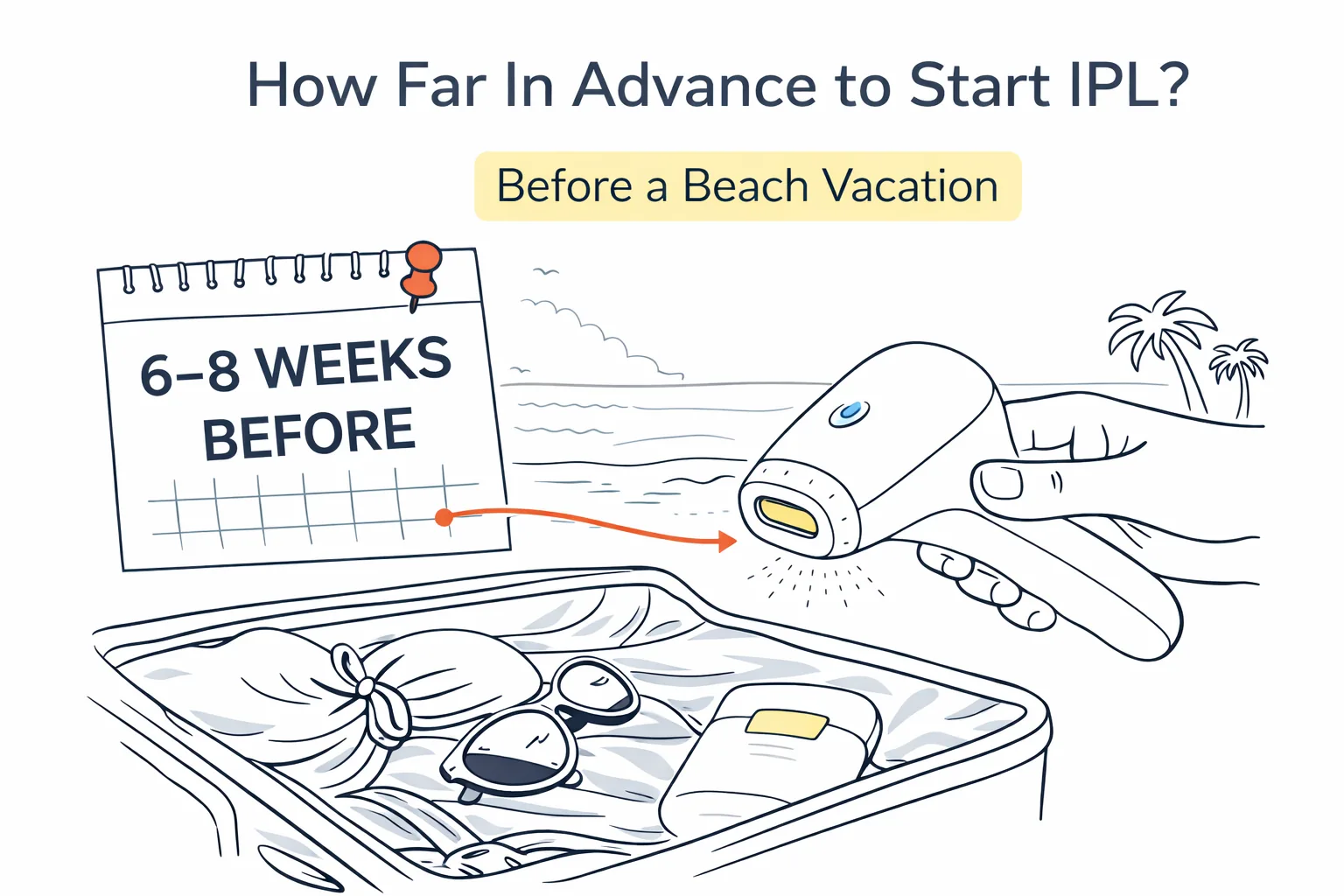 Illustration showing that IPL is best started 6–8 weeks before a beach vacation for a safer, more realistic routine.
