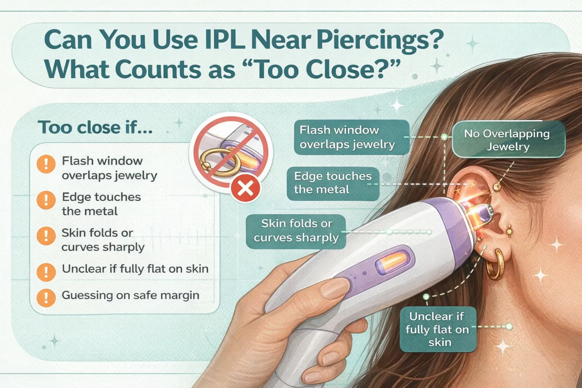 IPL near piercings guide showing what counts as too close including jewelry overlap metal contact curved skin and unclear safety margin