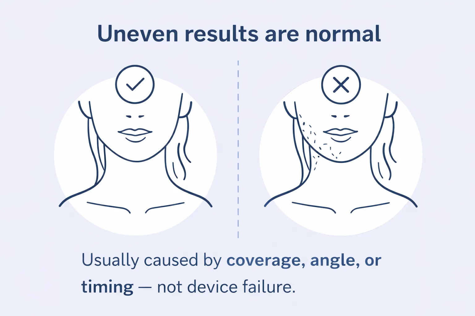 Illustration showing uneven IPL results where one side responds better than the other due to coverage or angle differences.